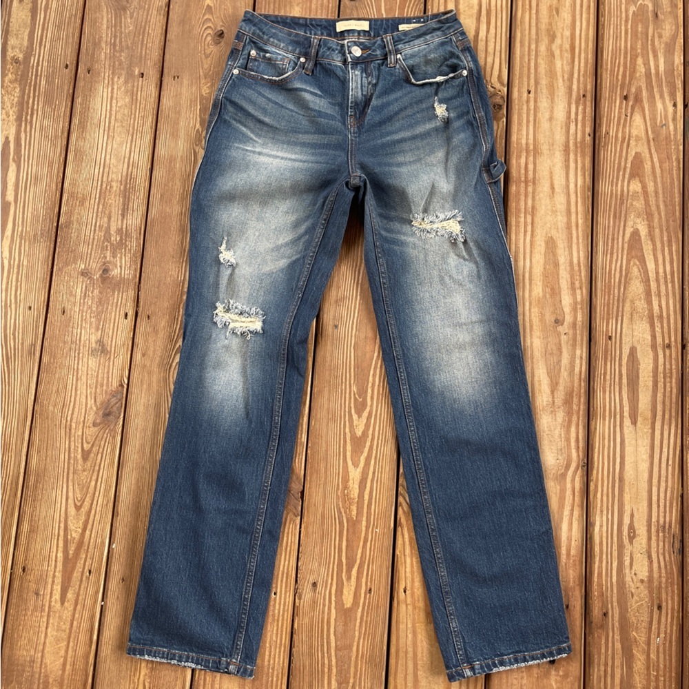 Cleo + Wolf High Rise Straight Carpenter Jeans Distressed Dark Wash 27x32 - Picture 3 of 13